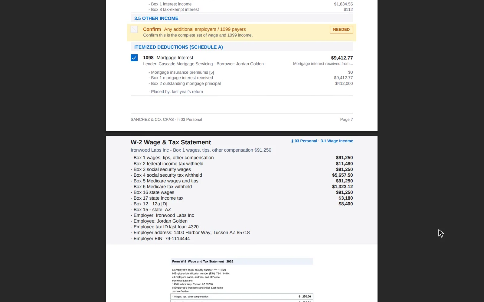 A fictional client's delivered prep sheet: the cover, the Contents, the first page of the Personal section and the W-2 page behind it.