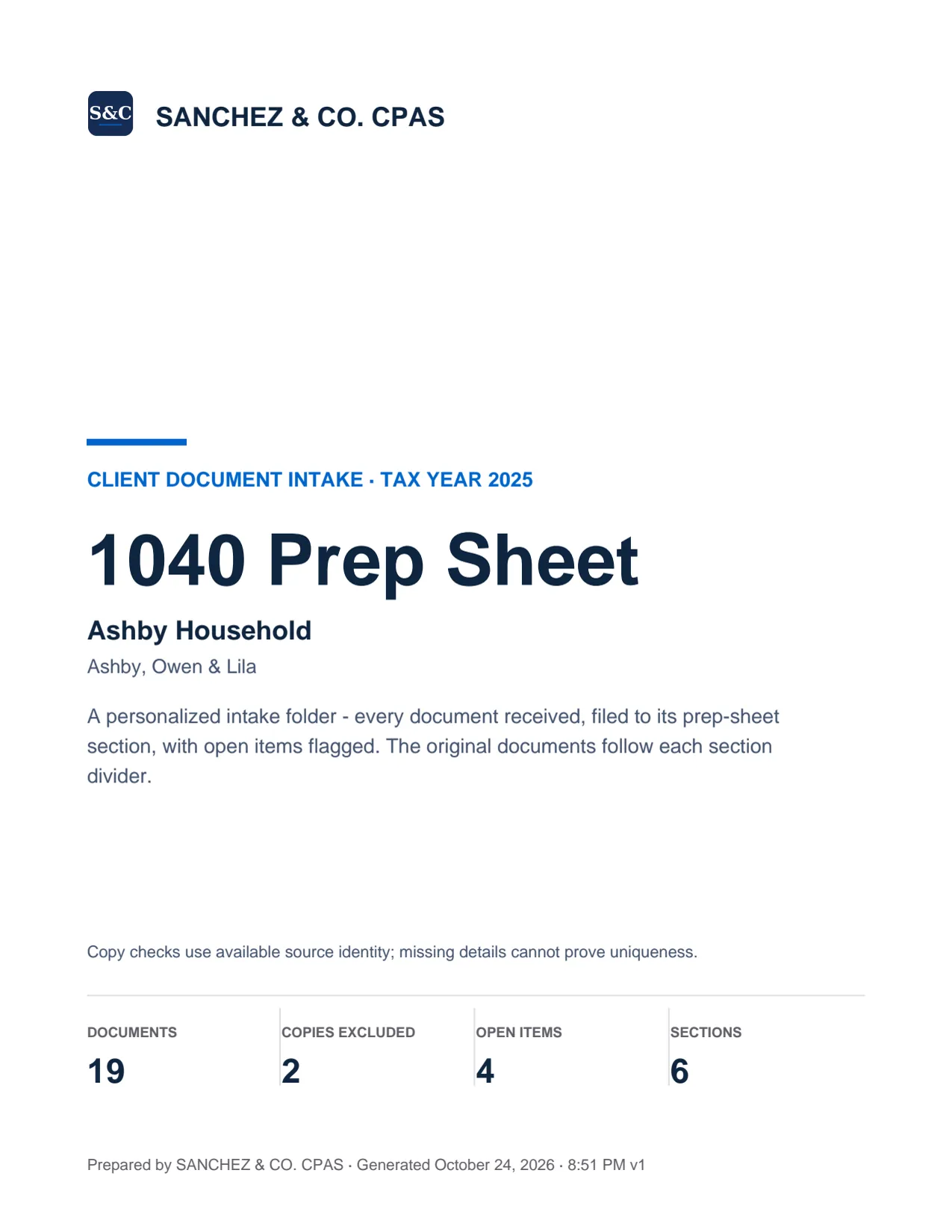 Cover page of a sample Taxably prep sheet: 1040 Prep Sheet for a synthetic demo client (not a real person), tax year 2025, with 19 documents, 4 open items, and 6 sections printed at the bottom.